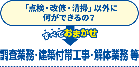 「点検・改修・清掃」以外に何ができるの？→調査業務・常駐ビル管理・解体業務 等